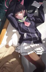 1girl absurdres animal_ears ascot black_hair black_jacket black_pantyhose blue_archive blunt_bangs blunt_ends cat_ears cat_girl extra_ears green_sailor_collar highres holding holding_letter jacket kazusa_(blue_archive) letter looking_at_viewer lying on_back open_mouth pantyhose pink_ascot pink_eyes sailor_collar short_hair skirt solo white_skirt yeming_(yeming0529)