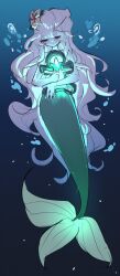 1girl closed_mouth cookie_run cookie_run:_kingdom crk_gyul flower gloves green_gloves hair_flower hair_ornament highres humanization long_hair mermaid monster_girl simple_background solo underwater very_long_hair white_flower white_hair white_lily white_lily_cookie
