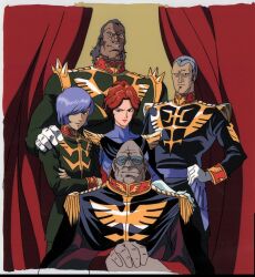 Rule 34 | 1990s (style), 1girl, 4boys, belt, black cape, black eyes, black hair, black pants, black shirt, blue belt, brown hair, cape, closed mouth, commentary, curtains, degwin sodo zabi, dokite tsukasa, dozle zabi, epaulettes, family, garma zabi, gihren zabi, gloves, green pants, green shirt, grey hair, gundam, gundam gihren no yabou, hand on another&#039;s shoulder, high collar, highres, kycilia zabi, lipstick, looking at viewer, makeup, medium hair, military, military uniform, mobile suit gundam, multiple boys, official art, old, old man, pants, parted lips, production art, purple hair, purple shirt, red lips, red shirt, retro artstyle, scan, scar, scar on chin, scar on face, shirt, short hair, shoulder spikes, sitting, sleeve cuffs, smile, spikes, standing, sunglasses, very short hair, white gloves, zeon