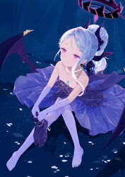 1girl black_halo black_horns blue_archive blue_gemstone breasts demon_girl demon_horns demon_wings dress earrings elbow_gloves forehead forest_0 gem gloves halo high_heels highres hina_(blue_archive) hina_(dress)_(blue_archive) horns jewelry light_particles low_wings multicolored_halo multiple_horns necklace official_alternate_costume official_alternate_hairstyle pantyhose parted_bangs pendant purple_dress purple_eyes purple_wings sitting small_breasts strapless strapless_dress two-tone_halo white_hair wings