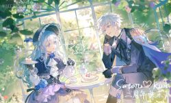 1boy 1girl black_gloves blue_eyes blue_flower blue_hair blue_rose bow cake cape chair crossed_legs cup dress epaulettes flower food frills gloves hat highres holding jacket long_hair long_sleeves open_mouth original pants plate qingshui_ai ribbon rose shirt short_hair sitting smile table teacup white_hair window