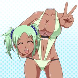 10s 1girl :d ^_^ android blush body_blush breasts cameltoe cleavage closed_eyes detachable_head female_focus goriate green_hair groin hair_bobbles hair_ornament hairclip headless large_breasts linda-r-2007 lipstick makeup navel open_mouth polka_dot polka_dot_background rio_-rainbow_gate!- severed_head short_hair short_twintails slingshot_swimsuit smile solo standing super_blackjack swimsuit tan tanline twintails v
