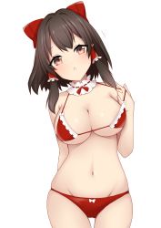 1girl :o absurdres arm_behind_back bare_shoulders bikini blush bow bow_bikini breasts cleavage collarbone commentary_request cowboy_shot female_focus frilled_bow frills groin hair_bow hair_tubes hakurei_reimu halterneck hand_up head_tilt highres large_breasts looking_at_viewer medium_breasts medium_hair micro_bikini midriff navel open_mouth red_bikini red_bow sidelocks simple_background skindentation solo standing stomach strap_gap string_pull swimsuit tooga_mashiro touhou underboob white_background white_bow
