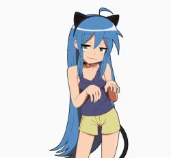 1girl :3 animal_ears animated animated_gif antenna_hair bare_shoulders blue_hair blue_shirt cat_ears cat_tail child closed_mouth collarbone dancing death_by_lolis eyebrows fake_animal_ears fake_tail feet_out_of_frame female_focus flat_chest green_eyes half-closed_eyes hands_up izumi_konata long_hair looking_at_viewer looping_animation lucky_star paw_pose shirt shorts simple_background sleeveless sleeveless_shirt smug solo standing tail very_long_hair white_background yellow_shorts