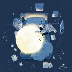 1other absurdres alarm_clock artist_name astronaut backpack bag bed bed_sheet bedroom blanket clock commentary constellation from_above glowing handheld_game_console helmet highres hug indoors kazunoko_(kazunoko_zunoco) lamp lampshade moon night nightstand on_bed original other_focus paper pencil pillow rabbit radio_antenna signature sketchbook sleeping solo space_helmet spacesuit star_(sky) star_(symbol) window