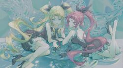 2girls absurdres black_ribbon blonde_hair blue_eyes closed_mouth dress feet_up highres lo_po_bia_lilial_zahard lo_po_bia_shilial_zahard long_hair looking_at_viewer lying multiple_girls on_stomach ponytail red_dress red_eyes ribbon serious shoes smile tower_of_god twintails very_long_hair