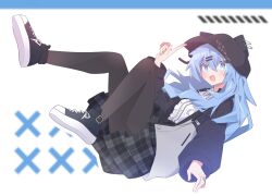 1girl black_pantyhose black_shoes black_skirt blue_eyes blue_hair blush fang full_body hair_ornament hairclip hat highres jacket long_hair long_sleeves looking_at_viewer multicolored_jacket open_mouth original pantyhose plaid_clothes plaid_skirt satoh_vrc shirt shoes skirt smile sneakers solo vrchat
