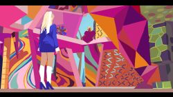 1girl abstract black_border blonde_hair blue_dress border colorful cyberseaurchin doll dress from_behind high_heels highres long_hair no_lineart original socks standing surreal table white_socks