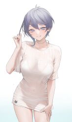 1girl absurdres azur_lane bellona_(azur_lane) bikini blush breasts cat_symbol cleavage earrings flower_earrings hand_on_own_thigh highres holding holding_own_hair jewelry looking_at_viewer medium_breasts nail_polish ohisashiburi pale_skin purple_eyes purple_hair see-through_cleavage see-through_clothes see-through_shirt shirt short_hair short_sleeves smile solo swimsuit water wet wet_clothes wet_shirt white_background white_bikini white_nails white_shirt