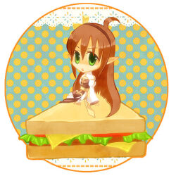 1girl ahoge arch_bishop_(ragnarok_online) brown_dress brown_hair chibi chibi_only commentary_request cross dress food full_body green_eyes juliet_sleeves long_hair long_sleeves looking_at_viewer oki_(okazu8) open_mouth pointy_ears puffy_sleeves ragnarok_online sandwich sash sitting solo thighhighs two-tone_dress very_long_hair white_dress white_thighhighs yellow_sash