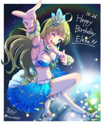 1girl ahoge aqua_eyes armpits bare_arms bare_shoulders birthday blue_bra blue_skirt blunt_bangs border bra breasts character_name circle_skirt commentary_request dated double_finger_gun earth_(planet) eyelashes feather_hair_ornament feathers finger_gun frilled_wrist_cuffs frills full_body green_hair grey_ribbon grey_sandals hair_ornament happy_birthday high_heels highres idol idolmaster idolmaster_million_live! jewelry large_breasts leg_ribbon light_blush long_hair looking_at_viewer miniskirt one_eye_closed open_mouth outside_border outstretched_arm planet pointing pointing_at_viewer rainbow ribbon ring sandals shimabara_elena signature skirt smile solo space sparkle star_(symbol) star_hair_ornament stomach sunlight teeth twitter_username underwear wavy_hair white_border white_wrist_cuffs witoi_(roa) wrist_cuffs
