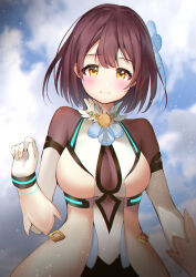 1girl battle_girl_high_school blush breasts brown_hair cleavage closed_mouth cloud eyelashes gloves highres kiyosato_0928 large_breasts looking_at_viewer outdoors sakaide_mari see-through_cleavage see-through_clothes short_hair solo upper_body white_gloves yellow_eyes