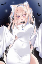 1girl :d animal_collar animal_ear_fluff animal_ears bandaid bandaid_hair_ornament bat_(animal) black_collar blonde_hair blue_hair blue_hairband breasts collar commentary covered_navel crossed_bangs dog_ears dog_girl dog_tail double-parted_bangs dress fang fuwawa_abyssgard ghost_costume hair_between_eyes hair_ornament hairband hairclip highres hololive hololive_english horn_hairband large_breasts long_hair looking_at_viewer multicolored_hair night night_sky off-shoulder_dress off_shoulder open_mouth pink_eyes ruri_(kitsuwi) skin_fang sky sleeves_past_fingers sleeves_past_wrists smile solo spiked_collar spikes streaked_hair tail two_side_up very_long_hair virtual_youtuber white_dress wide_sleeves