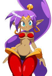 1girl absurdres bare_shoulders blue_eyes blush bracer breasts choker closed_mouth collarbone cowboy_shot dark-skinned_female dark_skin earrings embarrassed female_focus genie hair_tubes highres jewelry long_hair lucyfer medium_breasts midriff navel o-ring o-ring_top pointy_ears ponytail purple_hair red_legwear see-through_clothes shantae shantae_(series) simple_background solo stomach tiara very_long_hair white_background wide_hips