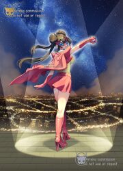 Rule 34 | 1girl, alternate costume, ariekochan, belt, blue eyes, boots, breasts, brown hair, cape, donut hair bun, double bun, eye mask, gloves, hair bun, high heel boots, high heels, highres, holding, holding poke ball, knee boots, large breasts, long hair, looking at viewer, mask, nintendo, open mouth, poke ball, poke ball (basic), pokemon, pokemon bw2, pokestar studios, red boots, red cape, red gloves, red skirt, rosa (pokemon), skirt, solo, superhero costume, the riolu girl, twintails