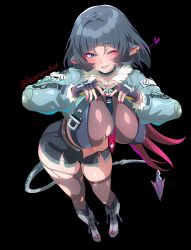 1girl animal_ears artist_name black_background black_shorts blunt_bangs breasts fingerless_gloves fur-trimmed_jacket fur_trim gloves green_eyes green_jacket heart heart_hands high-waist_shorts highres housou-kun jacket jane_doe_(zenless_zone_zero) large_breasts long_tail looking_at_viewer mouse_ears mouse_girl mouse_tail necktie one_eye_closed pantyhose red_nails sharp_tail shorts simple_background single_leg_pantyhose single_thighhigh smile solo tail thighhighs torn_clothes torn_pantyhose torn_thighhighs two-tone_necktie zenless_zone_zero