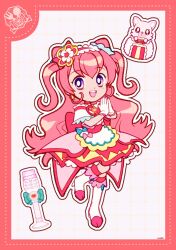 1girl apron back_bow bare_shoulders blue_bow boots border bow bow_apron bright_pupils brooch choker coattails cone_hair_bun cure_precious deformed delicious_party_precure dotted_line double_bun earrings eyelashes flower flower_knot frilled_hairband frilled_sleeves frills full_body gloves grey_background grid_background hair_between_eyes hair_bow hair_bun hair_flower hair_ornament hair_ribbon hairband happy heart heart_brooch high_heel_boots high_heels highres jewelry knee_boots kneehighs kome-kome lace lace-trimmed_gloves lace_trim layered_skirt leg_up long_hair looking_at_viewer magical_girl miniskirt nagomi_yui off-shoulder_shirt off_shoulder outline own_hands_together paw_shoes pink_bow pink_brooch pink_choker pink_hair pink_hairband pink_skirt pink_socks pleated_skirt precure purple_eyes red_border red_ribbon ribbon shirt short_sleeves showgirl_skirt signature skirt socks star_(symbol) star_earrings tareme two_side_up uwded_207 very_long_hair waist_apron wand wavy_hair white_apron white_boots white_flower white_gloves white_outline white_pupils white_shirt yellow_ribbon yellow_skirt