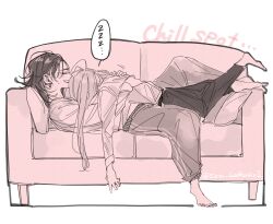 2girls absurdres barefoot blush commentary_request couch cuddling earrings highres jewelry long_hair long_sleeves lying_on_person multiple_girls on_couch open_mouth original pants sleeping sleeping_on_person spoken_zzz sweatdrop szm_hattori01 twitter_username yuri zzz