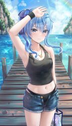 Rule 34 | 1girl, :t, absurdres, alternate costume, arm up, armpits, asymmetrical sidelocks, bag, bare shoulders, bikini, black bikini, black tank top, blue eyes, blue hair, blue ribbon, blue shorts, blush, breasts, cowboy shot, crop top, day, denim, denim shorts, dock, double-parted bangs, earrings, hair between eyes, hair ribbon, handbag, highres, holding, holding bag, hololive, hoshimachi suisei, jewelry, looking at viewer, midriff, navel, ocean, one side up, open fly, outdoors, pout, revision, ribbon, shading eyes, short shorts, shorts, side ponytail, sidelocks, single off shoulder, small breasts, solo, standing, star (symbol), star earrings, star in eye, straight-on, swimsuit, symbol in eye, tank top, tankini, transparent bag, virtual youtuber, wajuniorbox, wristband