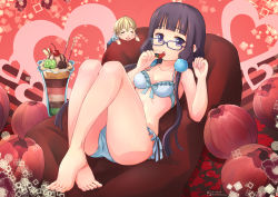 1boy 1girl :d absurdres barefoot bikini blend_s blonde_hair blood blue_bikini blush breasts brown_hair chibi collarbone dino_(blend_s) closed_eyes feet food frilled_bikini frills fruit full_body glasses hair_between_eyes heart highres holding holding_food long_hair looking_at_viewer low_twintails lying medium_breasts nosebleed on_stomach open_mouth pom_pom_(clothes) purple_eyes red_background sakuranomiya_maika short_hair sitting smile strawberry swimsuit tainanstation toes twintails twitter_username very_long_hair