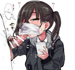 1boy 1girl backpack bag brown_eyes brown_hair cellphone censored cum cum_string fellatio fellatio_under_mask hair_over_one_eye half-closed_eyes hard-translated heavy_breathing hetero highres holding holding_phone idolmaster idolmaster_cinderella_girls jacket male_pubic_hair mask mole mole_under_eye mouth_mask multitasking oral penis phone pubic_hair reinoenu_(anon) smartphone smegma smelling smelling_penis solo_focus sunazuka_akira surgical_mask third-party_edit translated twintails