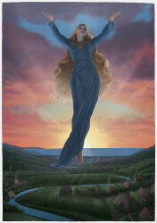 Rule 34 | 1girl, armlet, barefoot, blonde hair, blue dress, blue eyes, christian sloan hall, cloud, cloudy sky, dawn, dress, eostre (mythology), field, flying, highres, jewelry, long hair, norse mythology, ocean, outdoors, river, sky, solo