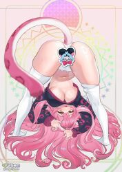 1girl :3 animal_ears animal_print ass asymmetrical_legwear black_jacket blush breasts cat_panties cat_print chattino_(raora_panthera) claw_pose commentary english_commentary fang fingernails hair_intakes highres hololive hololive_english jacket large_breasts long_hair long_sleeves multicolored_hair naga_nyoom nail_polish navel open_mouth panther_ears panther_girl panther_tail panties pink_hair pink_nails print_panties raora_panthera skin_fang smile solo stomach streaked_hair tail thighhighs thighs top-down_bottom-up twitter_username underboob underwear uneven_legwear vgen_logo vgen_username virtual_youtuber white_panties white_thighhighs yellow_eyes