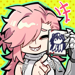 +++ 1boy artist_request chibi chibi_only chinese_commentary closed_eyes drawing_(object) girls&#039;_frontline girls&#039;_frontline_neural_cloud grin mechanical_arms official_art pink_hair salmon_(neural_cloud) second-party_source sharp_teeth single_mechanical_arm smile solo teeth