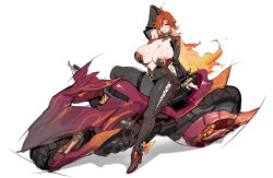 1girl 2025 absurdres ahoge alternate_breast_size areola_slip arm_behind_head b.sa_(bbbs) biker_clothes bikesuit black_bodysuit black_gloves black_jacket black_shoes blue_sky bodysuit breasts cleavage closed_mouth cropped_jacket eyeshadow female_focus flamestrider_(genshin_impact) full_body genshin_impact gloves gradient_hair hair_between_eyes hair_over_one_eye high_heels highres huge_breasts jacket long_hair long_sleeves looking_at_viewer makeup mavuika_(genshin_impact) motor_vehicle motorcycle multicolored_hair on_motorcycle open_clothes open_jacket orange_eyes orange_hair red_eyeshadow red_hair seductive_smile shadow shoes sideless_outfit simple_background sky smile solo sunglasses tight_clothes two-tone_hair unworn_eyewear unzipped variant_set very_long_hair white_background zipper_pull_tab