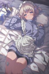 Rule 34 | 1girl, absent, absurdres, alternate costume, apron, banpen (todoroki hajime), bike shorts, black shorts, blonde hair, blunt bangs, blush, cameltoe, character name, commentary, frilled apron, frills, hair ornament, hairclip, head on pillow, highres, hololive, hololive dev is, jacket, jersey maid, long sleeves, looking at viewer, lying, maid, maid headdress, multicolored hair, nail polish, name tag, no pants, on back, on bed, parted lips, pillow, purple eyes, purple hair, purple jacket, purple nails, ribbed socks, short hair, shorts, sleeves past wrists, socks, solo, spoken blush, streaked hair, thigh gap, todoroki hajime, two side up, unconventional maid, virtual youtuber, white apron, white socks