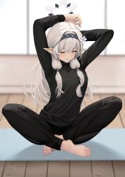 1girl ;) absurdres alternate_costume arms_up barefoot black_pants black_shirt blue_archive blush breasts feet flower grey_hair hair_flower hair_ornament halo highres himari_(blue_archive) indian_style long_hair low-tied_sidelocks mat one_eye_closed pants pointy_ears shirt sitting small_breasts smile solo stretching toes very_long_hair wooden_floor yan_kodiac