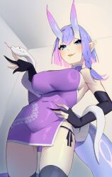 1girl armpits black_gloves black_panties black_thighhighs blue_eyes blush breasts china_dress chinese_clothes chinese_zodiac colored_inner_hair covered_navel dress elbow_gloves gloves gluteal_fold goat_king hand_on_own_hip highres horns large_breasts looking_at_viewer looking_down multicolored_hair open_mouth original panties pink_hair pointy_ears purple_dress purple_hair short_hair skin-covered_horns smile snake snake_wrapped_around_arm solo tail thighhighs underboob underwear white_snake year_of_the_snake