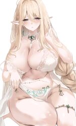 Rule 34 | 1girl, absurdres, azur lane, blonde hair, blush, breasts, earrings, elf, gouden leeuw (azur lane), hair between eyes, hand up, highres, huge breasts, jewelry, liaowen, long hair, looking at viewer, navel, open mouth, plump, pointy ears, pubic tattoo, purple eyes, simple background, solo, tattoo, thighlet, thighs, white background