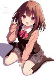 1girl :o blush bow bowtie brown_hair brown_skirt brown_socks brown_vest commentary full_body hand_up highres long_sleeves looking_at_viewer open_mouth original pink_sweater pleated_skirt red_bow red_bowtie red_eyes school_uniform short_hair simple_background sitting skirt socks solo sweater uru_aoi23 vest wariza watermark white_background