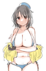 1girl artist_name beret bikini black_gloves black_hair blue_bikini blue_hat blush breasts cheerleader cleavage closed_mouth collarbone cowboy_shot dated gloves groin hat holding holding_pom_poms kantai_collection kirisawa_juuzou large_breasts navel pom_pom_(cheerleading) pom_poms red_eyes short_hair signature simple_background solo swimsuit takao_(kancolle) white_background