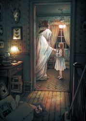 1girl 1other ambiguous_gender barefoot book box broom brown_hair bug butterfly cardboard_box chair commentary_request curtains desk_lamp dress full_body highres hooded_robe indoors insect kobone_awaki lamp light light_particles long_hair night original painting_(medium) railing reaching robe shelf traditional_media wavy_hair white_dress white_robe window wooden_floor