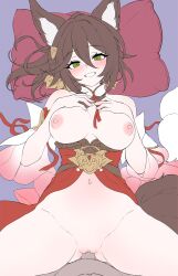1boy 1girl absurdres bed blush bottomless breasts breasts_apart brown_hair brown_tail commentary_request daram_(shappydude) fox_girl fox_tail from_above green_eyes hair_between_eyes hair_ornament hands_on_own_chest highres honkai:_star_rail honkai_(series) korean_commentary large_breasts long_hair looking_at_viewer lying missionary navel nipples on_back on_bed parted_lips pillow pov sex smile spread_legs stomach tail thighs tingyun_(harmony)_(honkai:_star_rail) tingyun_(honkai:_star_rail) uncensored