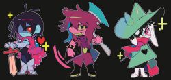 1boy 1girl 1other animal_ears armor axe black_background black_boots black_hair black_jacket blue_skin boots bracelet bright_pupils cape chibi chibi_only colored_skin deltarune dress full_body furry furry_female furry_male glasses goat_boy goat_ears greaves green_dress green_hat grin hat heart highres holding holding_axe holding_sword holding_weapon jacket jewelry kris_(deltarune) looking_at_viewer pink_cape pink_eyes pink_skin purple_hair ralsei red_eyes round_eyewear shaded_face short_hair simple_background smile sparkle spiked_bracelet spikes standing susie_(deltarune) sword weapon white_pupils yaksa_del
