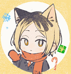 1boy animal_ears black_hair black_sweater blonde_hair bob_cut border box bright_pupils brown_eyes candy candy_cane cat_boy cat_ears chibi chibi_only chinese_commentary closed_mouth commentary_request diagonal-striped_clothes diagonal-striped_necktie expressionless food gift gift_box haikyuu!! hand_up kemonomimi_mode kozume_kenma linbeiyx long_sleeves looking_at_viewer male_focus mittens multicolored_hair necktie nekoma_high_school_uniform parted_bangs red_mittens red_necktie red_scarf roots_(hair) round_border scarf school_uniform short_hair simple_background snowflakes solo striped_clothes sweater two-tone_hair white_pupils yellow_background