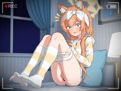 1girl animal_ear_fluff animal_ears anus ass battery_indicator bed_sheet blue_archive blue_eyes bow cat_ears cat_girl caught clothes_pull commentary_request curtains desk_lamp extra_ears female_masturbation fingering hair_bow halo headband holding holding_phone hooded_shirt indoors knees_up lamp long_hair long_sleeves looking_at_phone low_twintails mari_(blue_archive) masturbation on_bed open_mouth orange_hair phone recording shirt short_shorts shorts shorts_pull sitting socks soles solo special_cat striped_clothes striped_shirt striped_socks sweat thighs twintails white_bow white_headband wide-eyed yellow_halo zipper_pull_tab