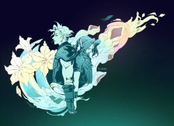 1boy 1girl aerith_gainsborough amano_yoshitaka_(style) armor belt braid braided_ponytail cloud_strife couple cropped_jacket cropped_torso emi-bianchi final_fantasy final_fantasy_vii final_fantasy_vii_rebirth final_fantasy_vii_remake flower gradient_background hair_ribbon hetero highres holding_hands interlocked_fingers lily_(flower) logo long_hair parted_bangs pauldrons ribbon short_hair short_sleeves shoulder_armor sidelocks single_braid single_pauldron sleeveless sleeveless_turtleneck spiked_hair suspenders turtleneck twitter_username whispers_(ff7)