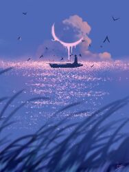 1girl blue_sky blurry blurry_foreground boat bokeh cloud crescent_moon cumulonimbus_cloud depth_of_field evening grass highres huashijw melting moon ocean original outdoors reflection reflective_water scenery signature silhouette simple_bird sky solo standing very_wide_shot water watercraft