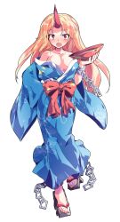 Rule 34 | 1girl, alcohol, alphes (style), bare shoulders, blush, bow, bowl, breasts, chain, cleavage, collarbone, commentary request, dairi, floral print, full body, geta, highres, holding, horns, hoshiguma yuugi, hoshiguma yuugi (kimono), japanese clothes, kimono, large variant set, liquid, long hair, medium breasts, no legwear, obi, off shoulder, open clothes, open kimono, parody, red bow, sake, sandals, sash, single horn, solo, style parody, tachi-e, toes, touhou, transparent background, tsurime, variant set, very long hair, walking