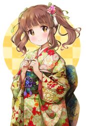 Rule 34 | 1girl, back bow, blush, bow, brown hair, clover, dot nose, fidgeting, floral print, floral print kimono, floral print sash, flower, four-leaf clover, green kimono, green ribbon, green sash, hair flower, hair ornament, hair ribbon, highres, idolmaster, idolmaster cinderella girls, idolmaster cinderella girls starlight stage, index fingers together, japanese clothes, kanzashi, kimono, long sleeves, michii yuuki, obi, obijime, ogata chieri, print kimono, ribbon, sash, smile, swept bangs, tassel, twintails, white background, wide sleeves, yellow eyes