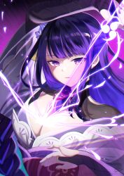 Rule 34 | 1girl, azuma yuki, braid, breasts, bridal gauntlets, cleavage, commentary request, drawing sword, electricity, flower, genshin impact, highres, holding, holding sword, holding weapon, human scabbard, japanese clothes, kimono, large breasts, long hair, low-braided long hair, low-tied long hair, mole, mole under eye, musou isshin (genshin impact), obi, obiage, purple eyes, purple flower, purple hair, purple kimono, purple nails, raiden shogun, revision, sash, signature, solo, sword, upper body, very long hair, watermark, weapon
