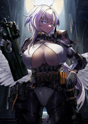 1girl absurdres armor asymmetrical_gloves belt belt_pouch black_belt black_gloves black_pantyhose black_shrug blue_eyes breasts closed_mouth colored_eyelashes commission gloves gun highres holding holding_gun holding_weapon holstered large_breasts leotard liora_walkyria long_hair mismatched_gloves pantyhose pauldrons pouch second-party_source shoulder_armor shrug_(clothing) single_pauldron solo trigger_discipline v&amp;u_entertainment virtual_youtuber vyragami weapon white_gloves white_hair white_leotard