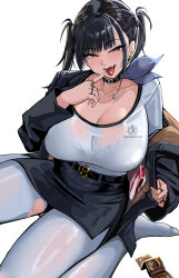 1girl absurdres black_choker black_hair black_jacket black_skirt bra_visible_through_clothes breasts choker cleavage commentary condom condom_packet_strip condom_wrapper goddess_of_victory:_nikke highres huge_breasts jacket jewelry looking_at_viewer miniskirt no_shoes pantyhose pencil_skirt pill pill_in_mouth red_eyes ring shirt short_hair simple_background sitting skirt slug_1356 sora_(nikke) torn_clothes torn_pantyhose twintails wariza white_background white_pantyhose white_shirt