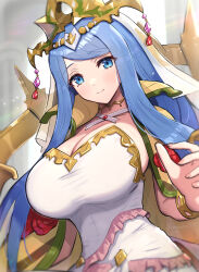 1girl absurdres blue_eyes blue_hair blurry blurry_background bracelet breasts cleavage closed_mouth collar crown dress fire_emblem fire_emblem_engage gold_cape gold_crown gonzarez headpiece highres huge_breasts jewelry long_hair looking_at_viewer lumera_(fire_emblem) mature_female nintendo non-web_source smile solo very_long_hair white_dress