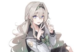 1girl black_hairband black_sailor_collar blue_pupils bow bowtie buttons commentary double-breasted double_v firefly_(honkai:_star_rail) firefly_(spring_missive)_(honkai:_star_rail) from_side gradient_hair green_bow green_bowtie green_hair grey_hair grey_skirt hair_intakes hairband highres honkai:_star_rail honkai_(series) long_hair long_sleeves looking_at_viewer looking_to_the_side multicolored_hair official_alternate_costume open_mouth plaid_bow plaid_bowtie plaid_clothes plaid_skirt pleated_skirt purple_eyes sailor_collar shirt simple_background skirt solo two-tone_background v white_background white_shirt yohaku