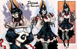 1girl absurdres animal_ears black_hair black_lips book breasts corset fangs frilled_skirt frills furry furry_female glasses highres leikdaz22 lipstick makeup multiple_views open_mouth original puffy_sleeves rabbit_ears rabbit_girl skirt smile solo thighhighs